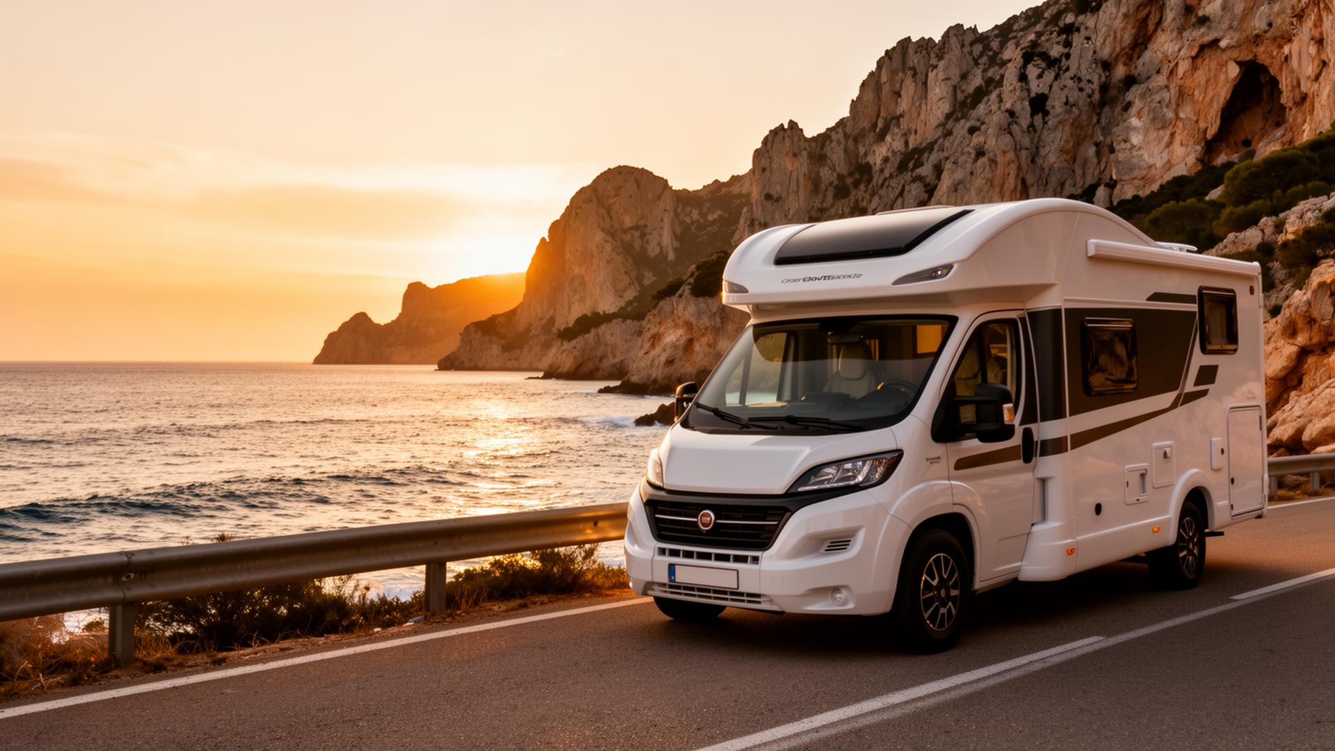Autocaravana de alquiler en Mallorca al atardecer junto al Mediterráneo