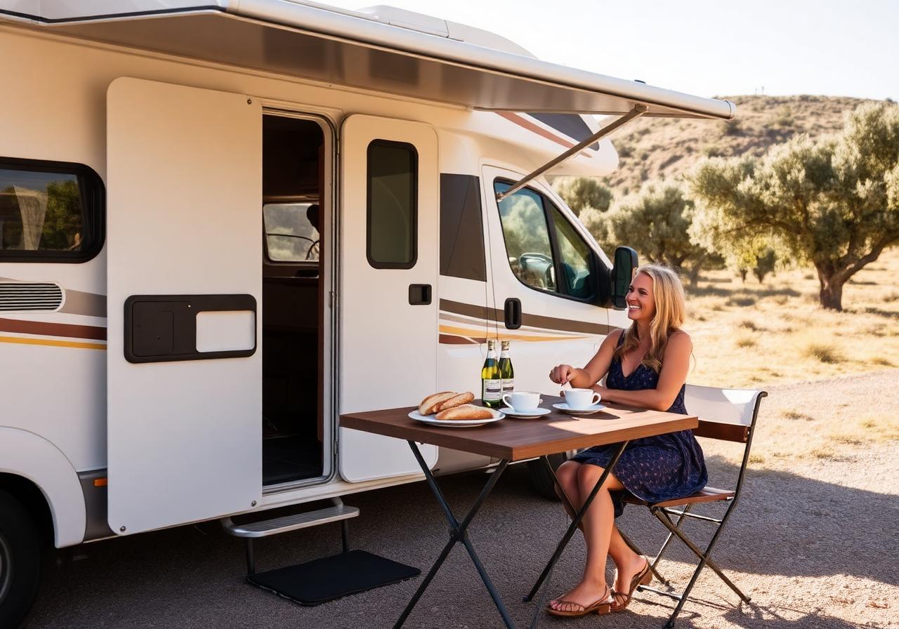 Pareja desayunando junto a su autocaravana en Mallorca